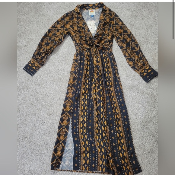 NWT Farm Rio Long-Sleeve V-Neck Printed Tie-Front Midi Dress SIZE XXS - Picture 4 of 8